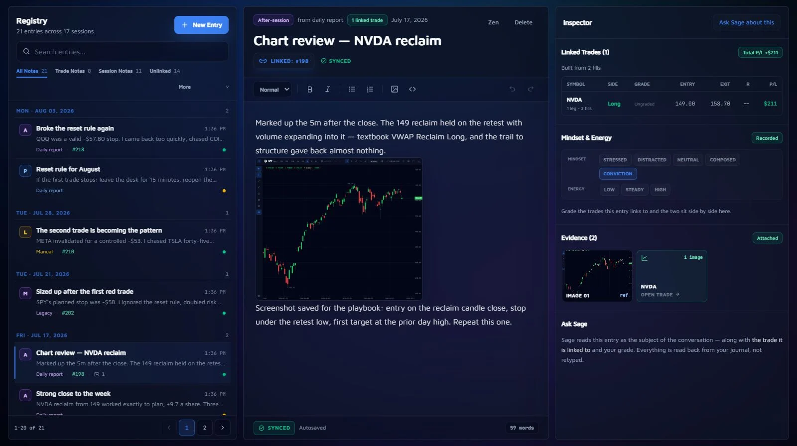 Leaf Edge journal with a notes registry, chart review and linked trade inspector.