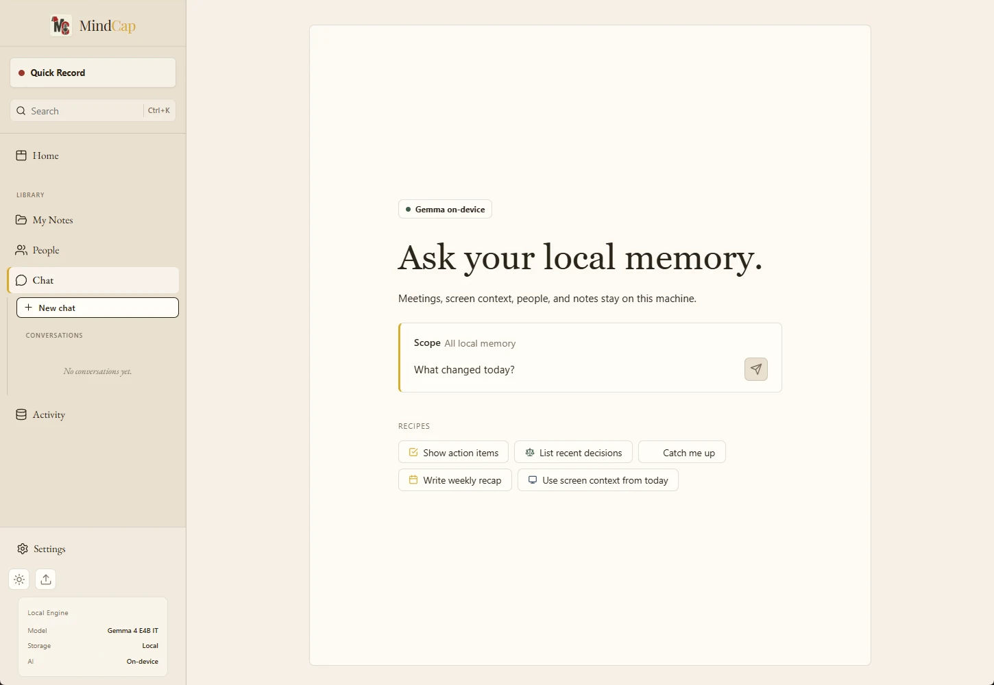 MindCap local-memory chat screen with example question and recipe buttons.
