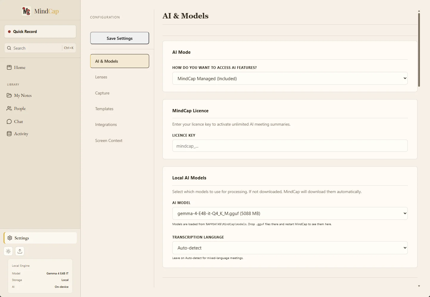 MindCap AI & Models settings with the local Gemma 4 E4B 4-bit model selected and an on-device engine panel.