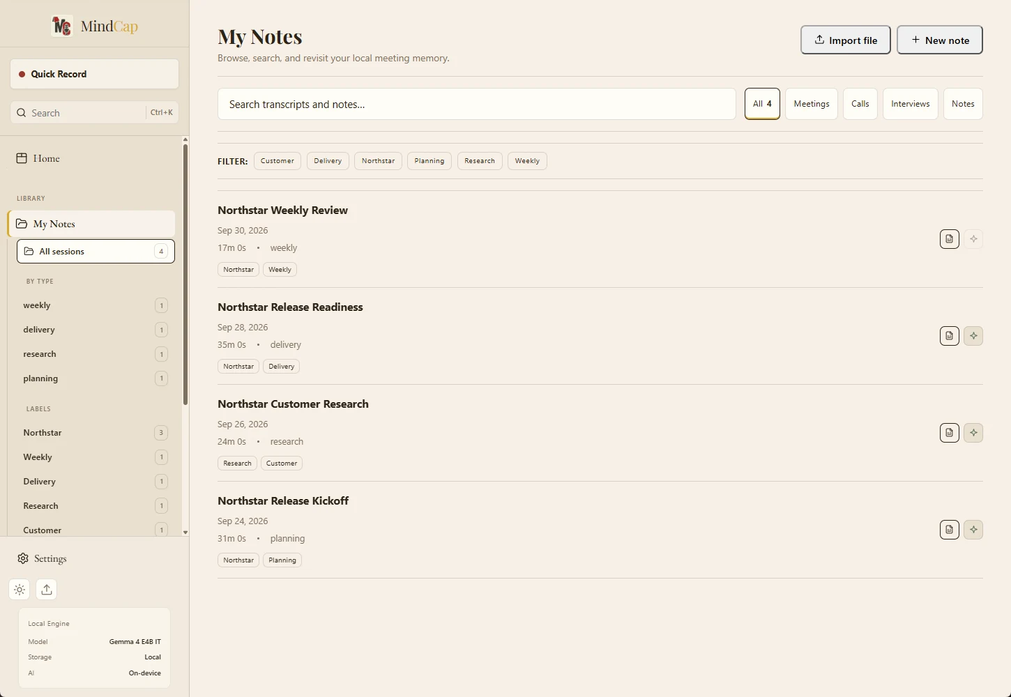 MindCap notes library with fictional Northstar meetings, search and type filters.