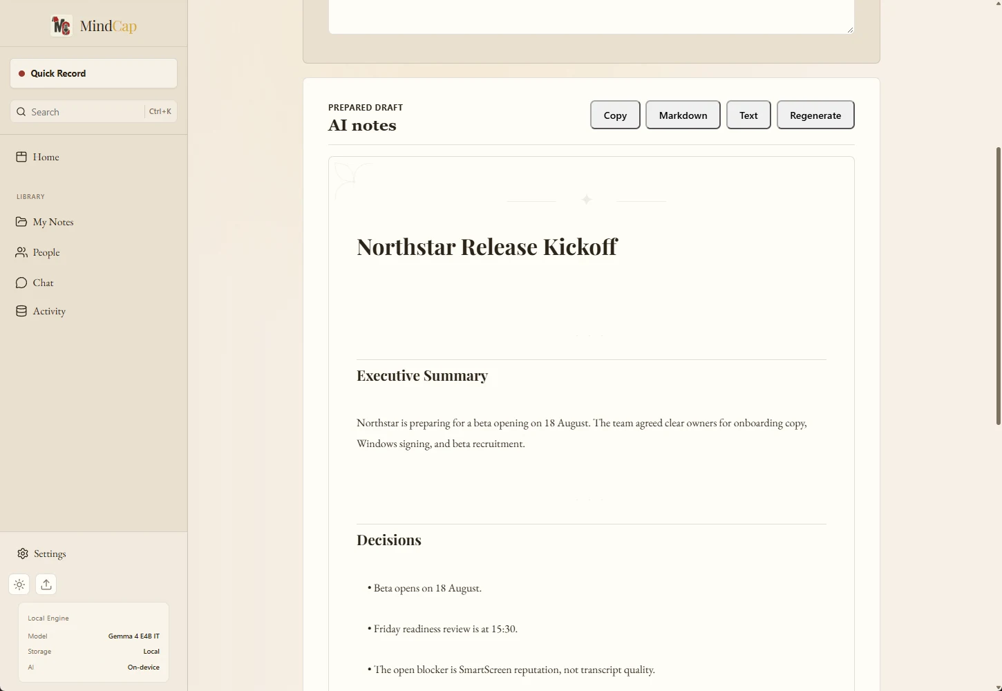 MindCap prepared AI notes for a fictional Northstar meeting, with an executive summary and decisions, in synthetic demo mode.