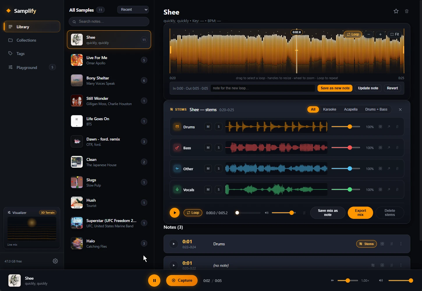 Samplify desktop application showing its audio library, selected waveform and four coloured stem-mixer channels.