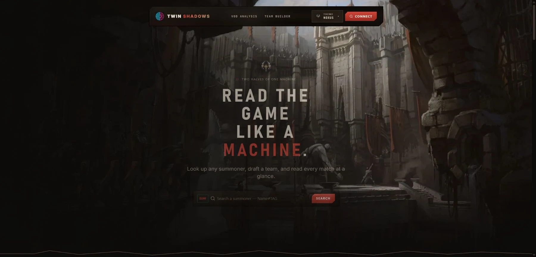 The live Twin Shadows homepage with its Noxus-themed design and summoner search.